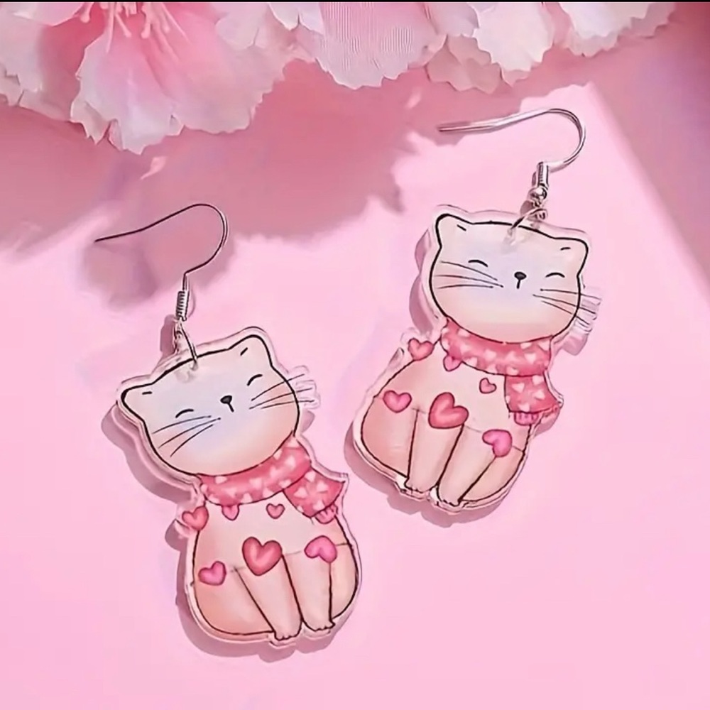 Cat Heart Pattern Dangle Earrings Cartoon Style Acrylic Jewelry